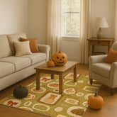Machine washable fall rug with rustic pumpkin and ribbon design.